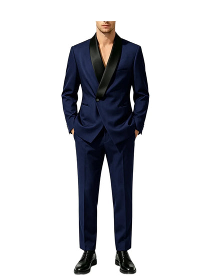 Men's Slim Fit Tuxedo Suit with Black Satin Shawl Lapel – 2-Piece Blazer & Pants for Wedding, Prom & Formal Events