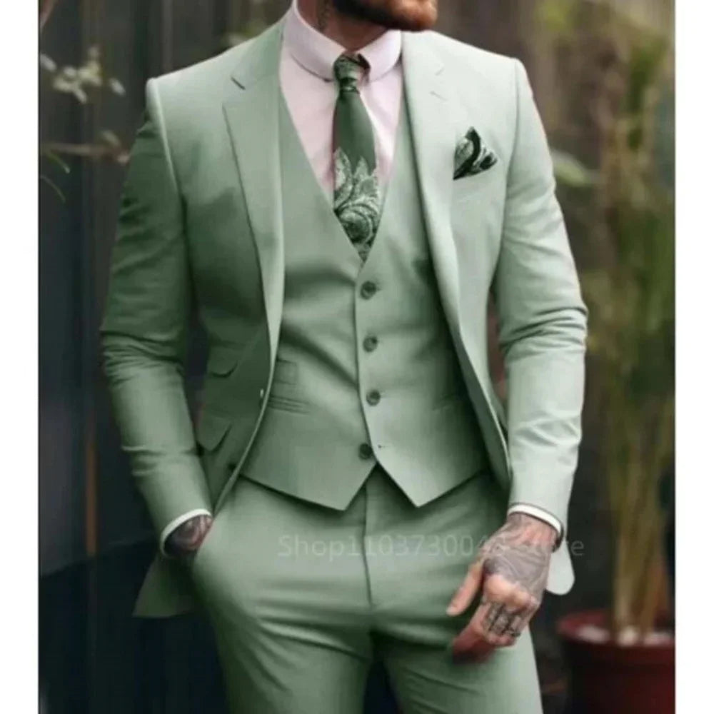 Men's Three-Piece Slim Fit Suit Set – Blazer, Vest & Trousers | Green & Khaki | Wedding & Business
