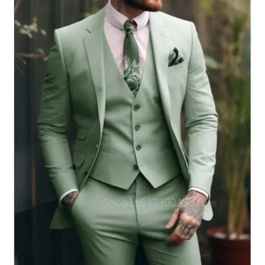 Men's Three-Piece Slim Fit Suit Set – Blazer, Vest & Trousers | Green & Khaki | Wedding & Business