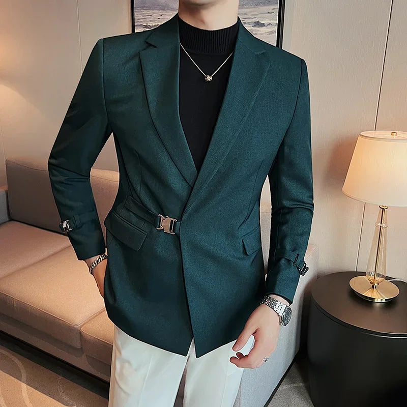Men's Slim Fit Blazer Metal Buckle Decoration Smart Casual Wedding Party Jacket