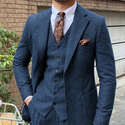 Men 3 Pieces Blue Herringbone Suit Formal Business Tweed Groom Tuxedo for Men Wedding Men's Suit Outfits Jacket Vest Pants Set