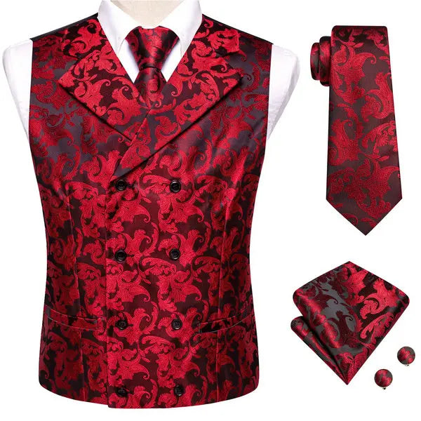 Men's Double Breasted Vest Set – Floral Jacquard Waistcoat with Tie, Pocket Square & Cufflinks for Weddings & Formal Events
