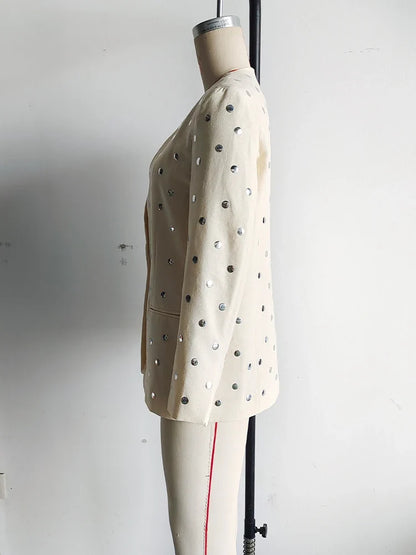 Women's Summer New Rivet Decorative V-neck No-button Casual Suit Jacket Female Temperature Sequin Suit Long Sleeve Jacket