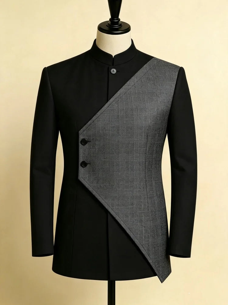Men Button Single Blazer Slim Fit Textured Grid Patchwork Stand Collar Fashion Business Outer Coat