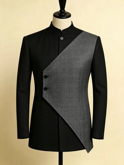 Men Button Single Blazer Slim Fit Textured Grid Patchwork Stand Collar Fashion Business Outer Coat