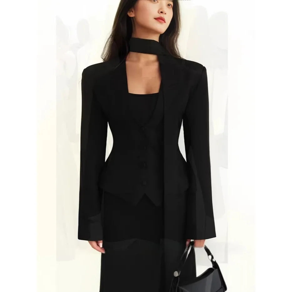 Fashionable Pure Color V-Neck Scarf Decorated Long Sleeve Casual Small Western Style Coat Top Women's Spring Summer Autumn