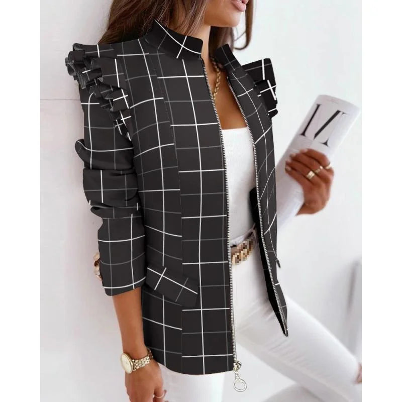 Autumn Winter Long Sleeve Print Blouse Women's Slim Fit Suit Jacket with Lace Hem Zipper Closure Fashionable Elegant Style