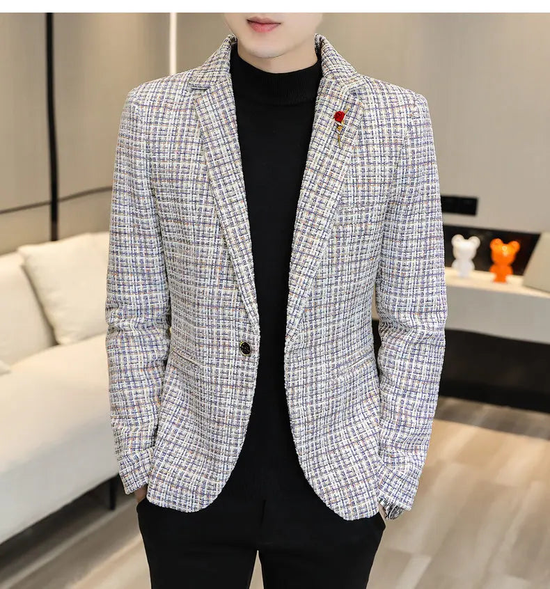 Korean Fashion Woven Suit Jacket for Men Autumn Slim Fit Casual Men Blazers Street Wear Social Business Dress Coats Men Clothing