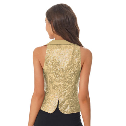 Women Shiny Sequin Vest Lapel Sleeveless Glitter Suits Waistcoat Top Rave Music Festival Jazz Dance Party Banquet Night Clubwear