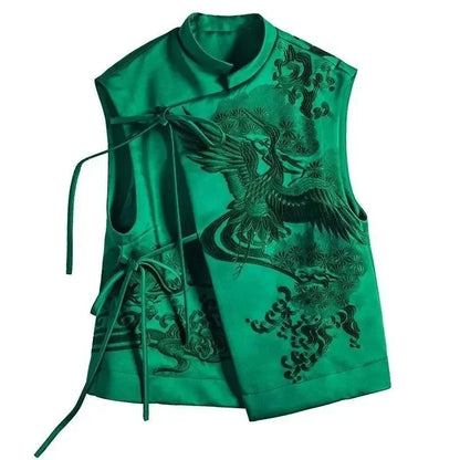 2026 Spring Summer Vintage Embroidery Green Lace Chinese Vest Jacket Chinese Style Waistcoats Outerwear Female Sleeveless Jacket