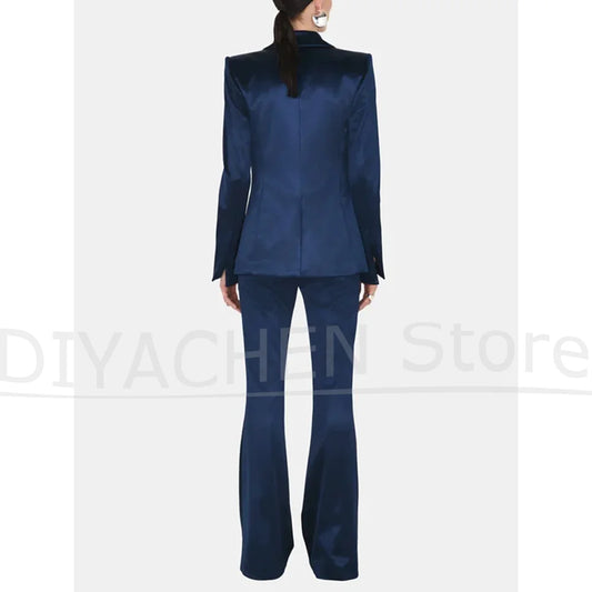 Fashion Women's Navy Blue Satin Suit Set One Button Blazer Flared Pants Two Piece Party Evening Wear Luxury Elegant Suits