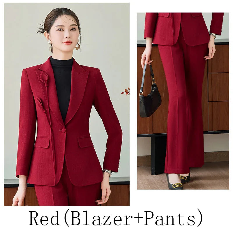 High End Khaki Elegant Fashion Two Piece Set Fashion Women Slim Single Button Blazer And Flare Pant Office Lady Work Wear