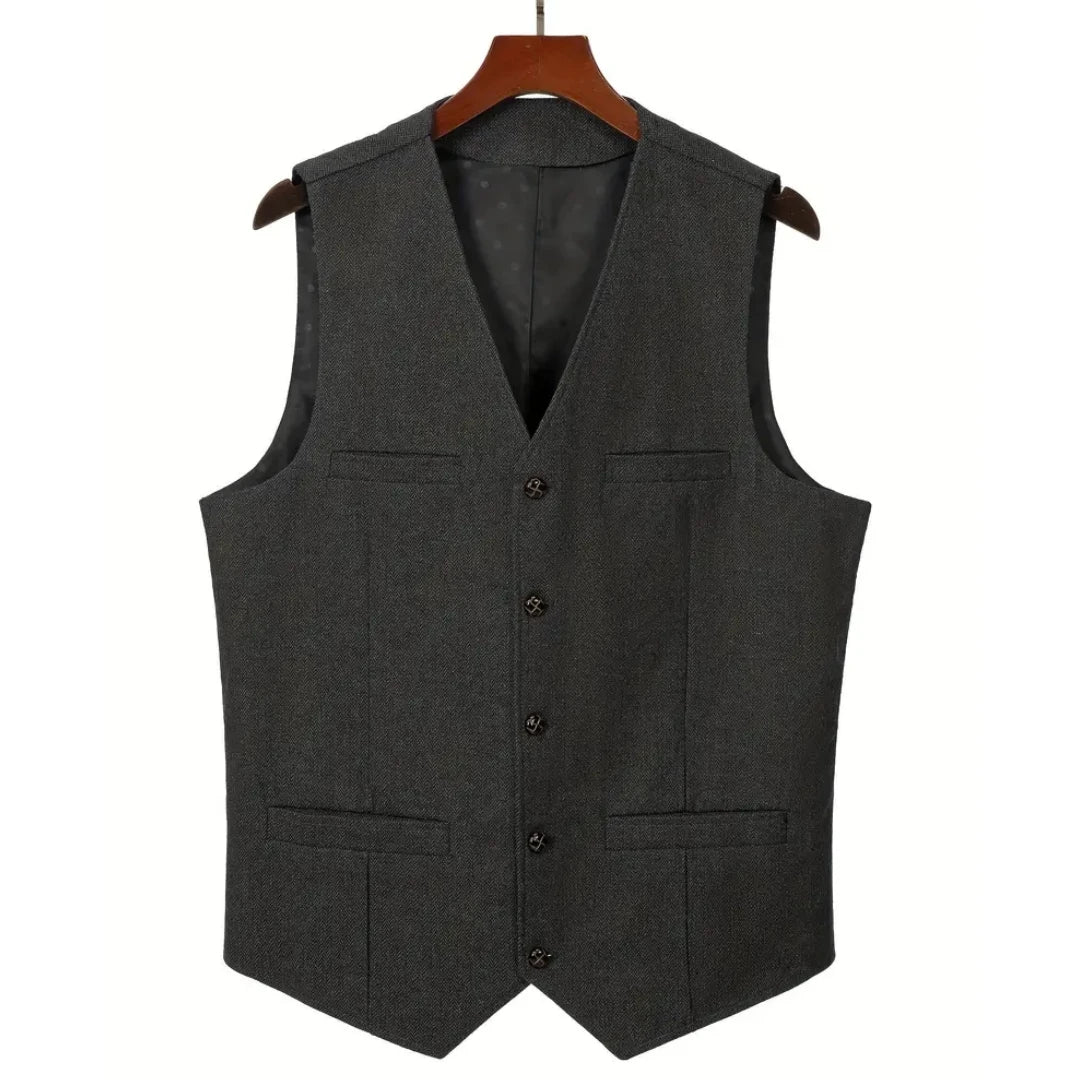 Men's Herringbone Suit Vest – V-Neck Single Button Waistcoat for Weddings, Business & Smart Casual Wear