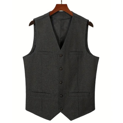 Men's Herringbone Suit Vest – V-Neck Single Button Waistcoat for Weddings, Business & Smart Casual Wear