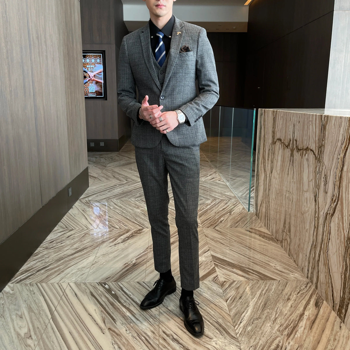 British Korean Style High Quality Modified Plaid Three-Piece Suit for Men - Stylish Business Casual Suit Vest And Trousers Set
