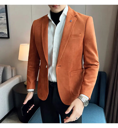 British Style Autumn Suede Business Casual Suit Jacket for Men High Quality Social Office Blazers Wedding Groom Dress Coats