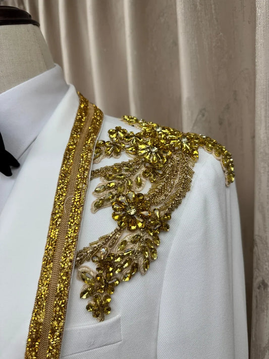Golden Crystal Men's Suits 2 Pieces Party Prom Wear Handsome Shawl Lapel Man Suit Set Wedding Groom Sets Performance Outfit