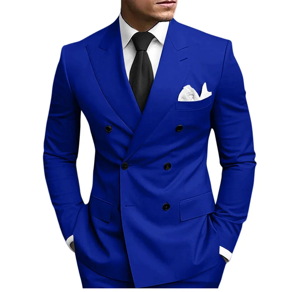 Classic Solid Suit Set 2 Pieces Jacket Pants For Men Wedding Groom Sets Double Breasted Men's Suits Banquet Tuxedo Wear XS-5XL