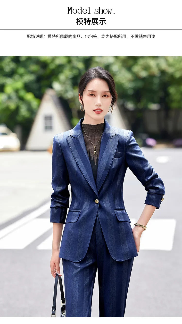 Women Blazer Pants Sets Yellow Two Pieces 2024 Autumn Workwear Trousers Formal Striped Navy Blue Long Sleeve Tops Pantsuit