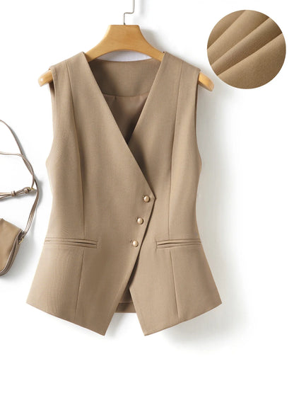 Short V-Neck Suit Vest for Women, Spring and Autumn Slant-Buttoned Top, Perfect for Office Wear and Versatile Vest