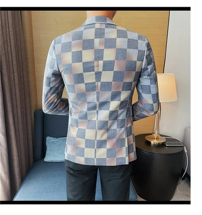 Brand Luxury Plaid Suit Jacket for Men 2023 Autumn Casual Blazer Masculino Fashion Slim Business Wedding Groom Social Dress Coat