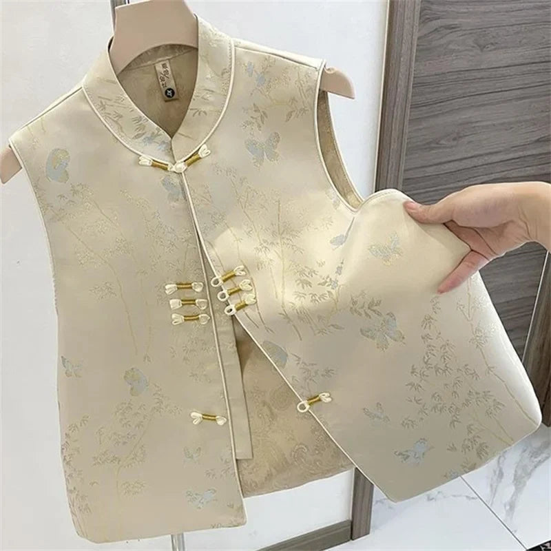 Chinese Style Vest Jacket Women's Spring Autumn 2026 New Sleeveless Coat New Buckle Thin Waistcoat Ladies Fashion Cardigan Tops