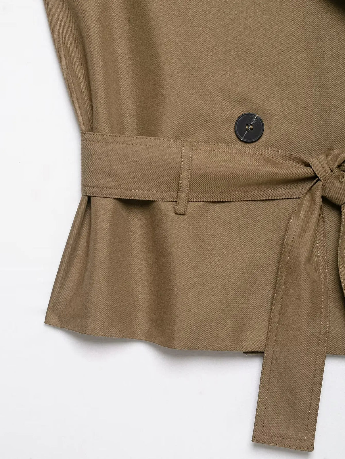 New Slim Fit Cropped Sleeveless Trench Vest Women Khaki Lapel Double Breasted Self Tie Belt Waist Cinching Street Outer Top