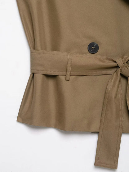 New Slim Fit Cropped Sleeveless Trench Vest Women Khaki Lapel Double Breasted Self Tie Belt Waist Cinching Street Outer Top