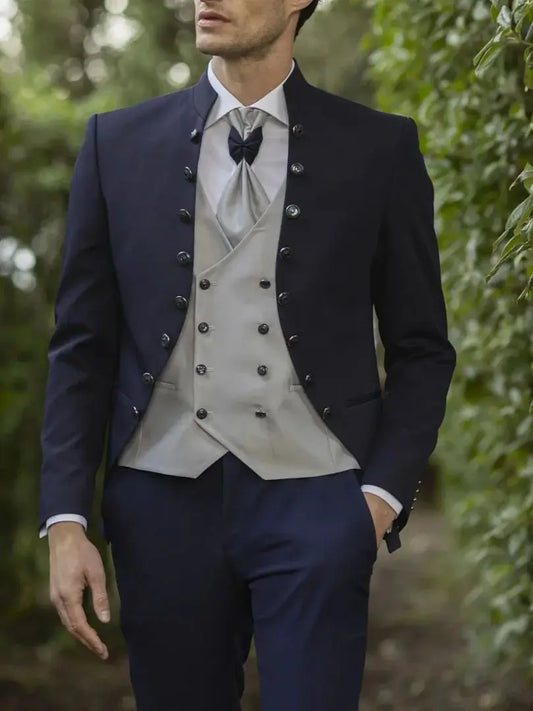 Men Suit 3 Pieces Navy Blue Buttons Height Collar For Wedding Groom Party Prom Business Office Work Daily Jacket Pants Gray Vest