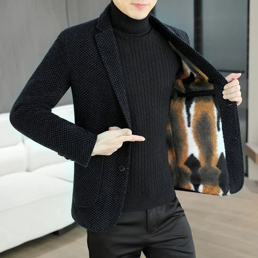 Men's Wool Blend Suit Jacket – Thickened Fleece-Lined Business Blazer for Autumn Winter