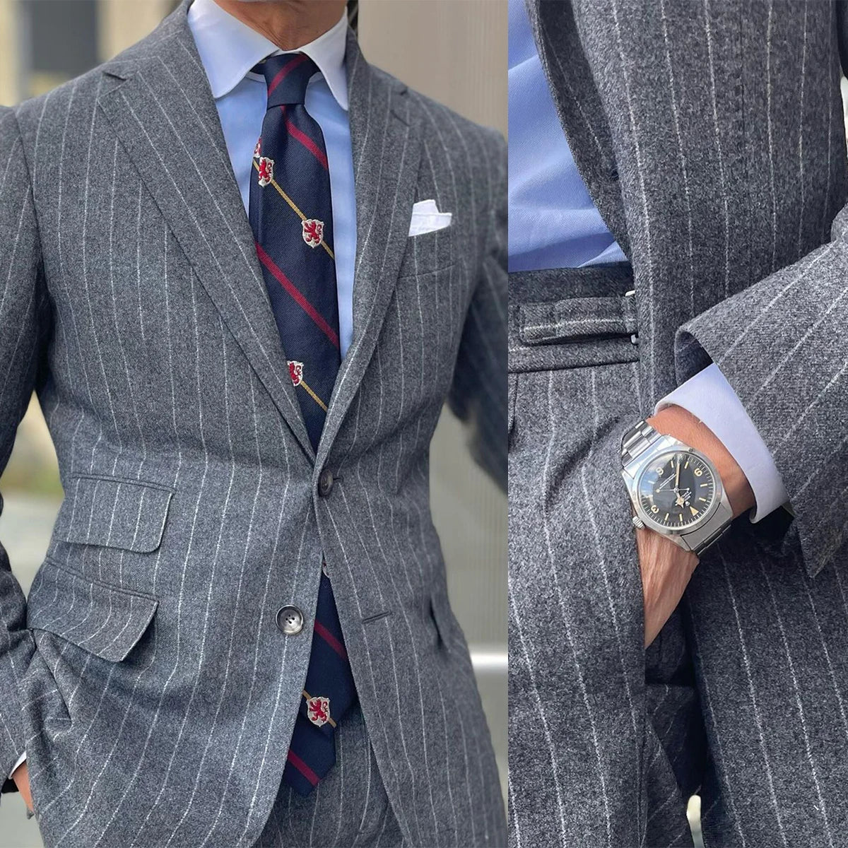 Fashion Pinstripe Men's Suit 2 Pieces Blazer Jacket and Pants Customized Two Buttons Business Wear Wedding Groom Costume Homme