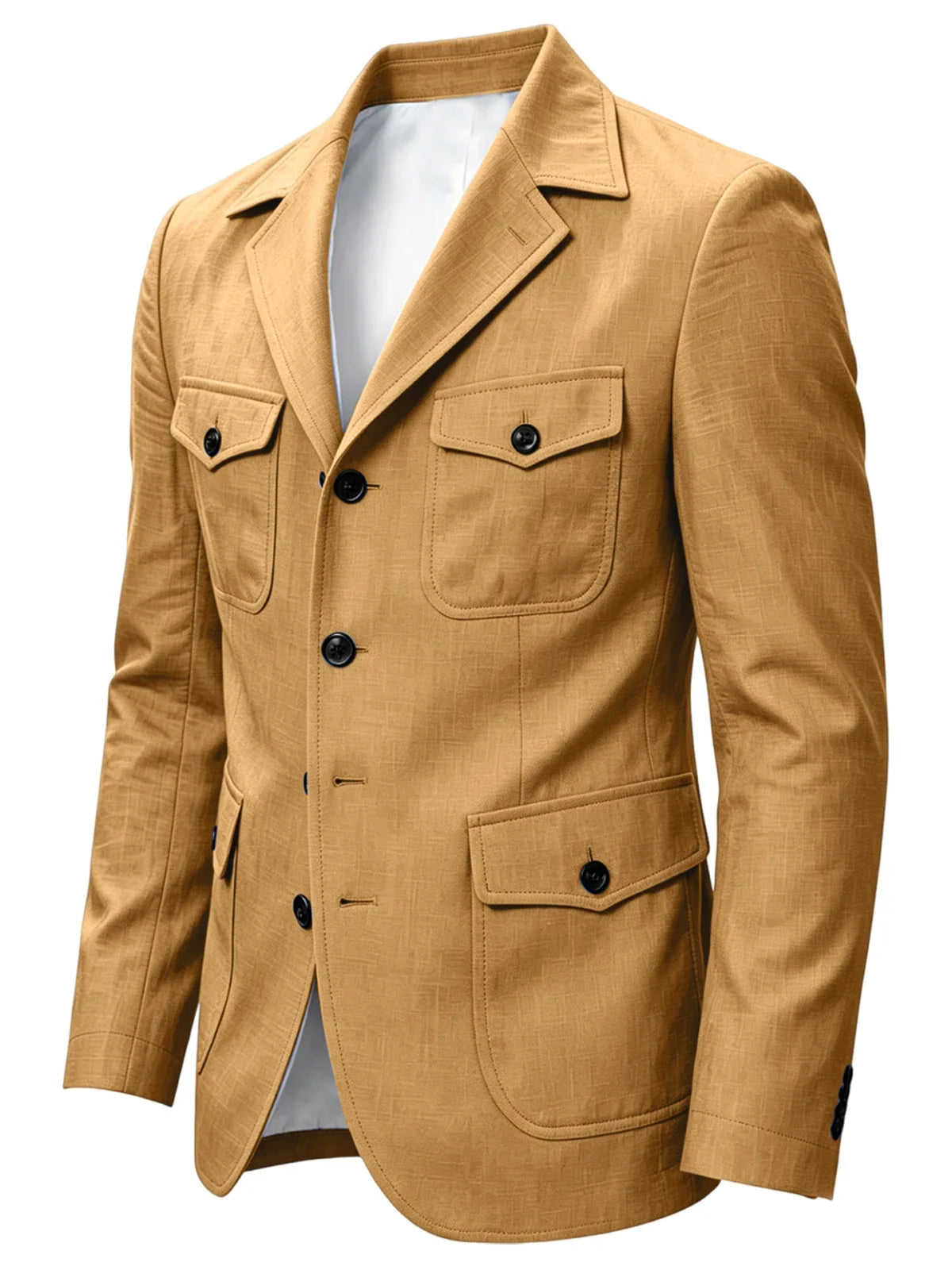 Men's Linen Safari Blazer Four Flap Pockets Slim Soft Jacket Casual Business Coat For Street Outdoor Vacation Party Daily Travel