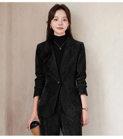 2024 Autumn New Corduroy Elegant Pant Suit Ladies Formal Business Work Wear 2 Piece Set Black Coffee Jacket Blazer And Trouser