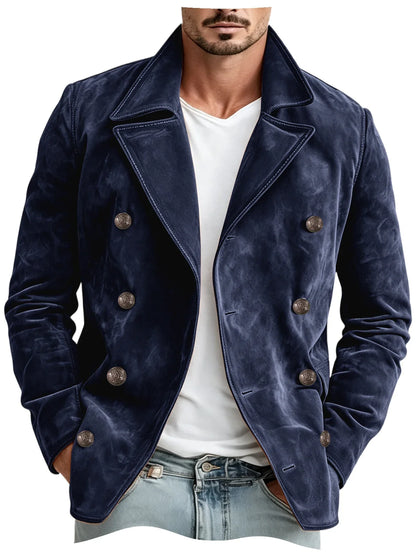 Men Faux Suede Jacket Double Breasted Lapel Collar Casual Blazer Vintage Comfort Business Office Autumn Winter Fashion Male Coat