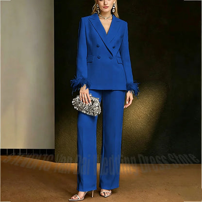 Luxury White Feather Women's Suit Elegant Classic Double Breasted Jacket Pants Formal Evening Party Wedding Guest Outfit