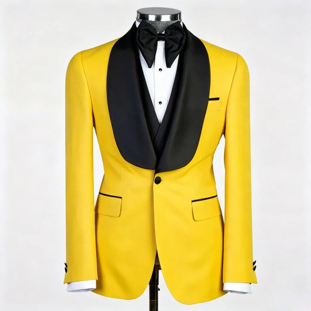 Men Suit Champagne 3 Piece With Black Lapel For Wedding Groom Banquet Party Birthday Prom Business Work Office Jacket Vest Pants