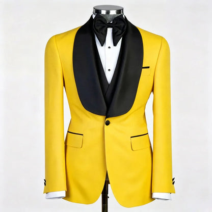 Men Suit Champagne 3 Piece With Black Lapel For Wedding Groom Banquet Party Birthday Prom Business Work Office Jacket Vest Pants