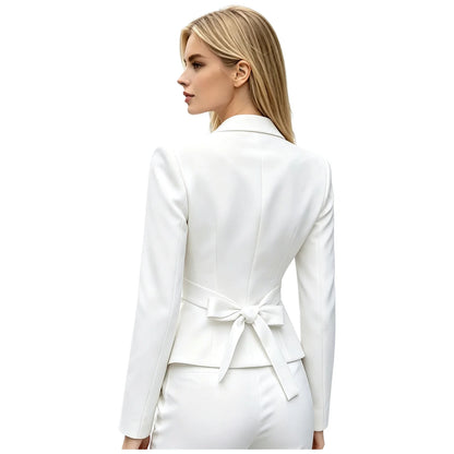 Women Solid Color Blazer V Neck Long Sleeve Padded Shoulders Belted Waist Button Pointed Hem Jacket Coat Office Lady Outerwear