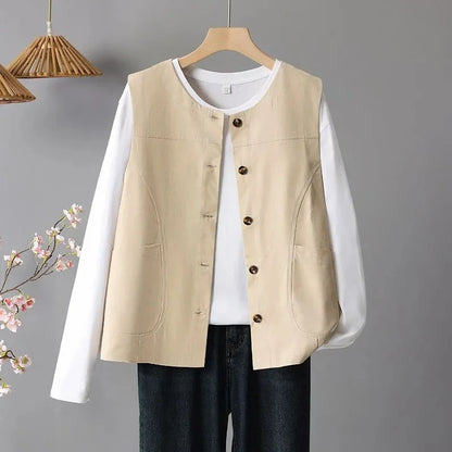 Spring Femme Fashion Vest Outwear Retro Ladies Solid Color Casual Sleeveless Jacket Autumn Women Round Neck Loose Waistcoat Coat