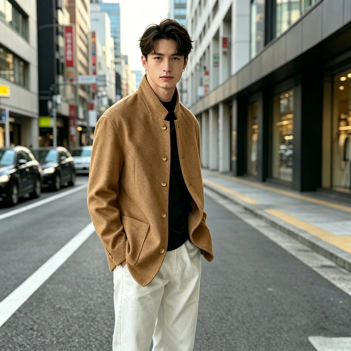 Vintage Men's Stand Collar Jacket Wool Blend Casual Coat Warm Autumn Winter Business Blazer Plus Size Streetwear Outerwear