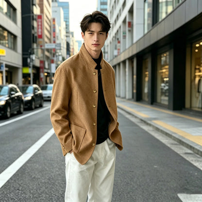 Vintage Men's Stand Collar Jacket Wool Blend Casual Coat Warm Autumn Winter Business Blazer Plus Size Streetwear Outerwear