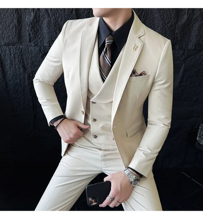 (Jackets+Pants+Vest) High Quality Men Slim Fit Party Tuxedos 3 Pieces Fashion Double Breasted Vest Design Business Wedding Suit