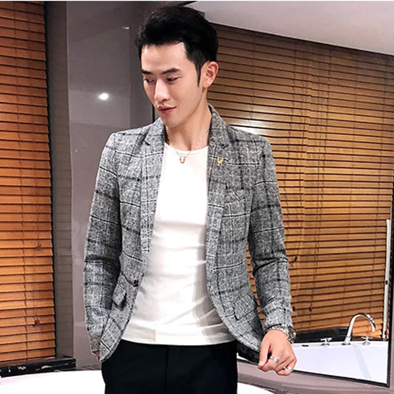 2025 New Men's Casual Plaid Suit Jacket Male Linen Plaid Business Self-cultivation Wedding Dress Party Suit Coat Plus Size S-5XL