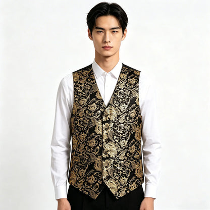 Men's Vest 4-Piece Set | Jacquard Paisley Floral Waistcoat with Tie & Pocket Square for Formal Events