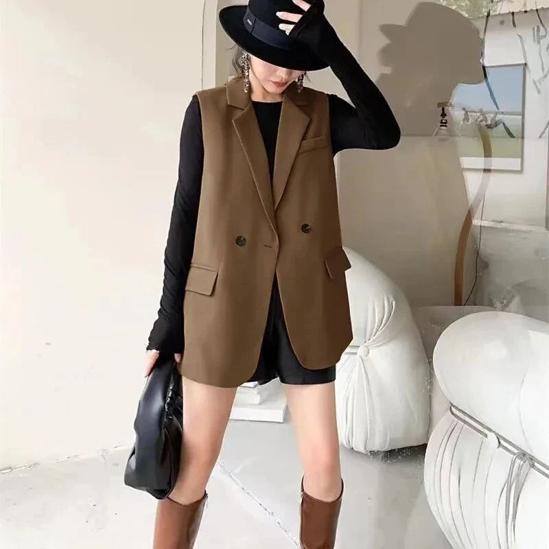 Vintage Sleeveless Suit Vest Fashion Casual Lapel Suit Waistcoat 2025 Summer Women Office Double Breasted Split Back Outwear