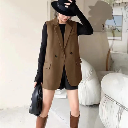 Vintage Sleeveless Suit Vest Fashion Casual Lapel Suit Waistcoat 2025 Summer Women Office Double Breasted Split Back Outwear