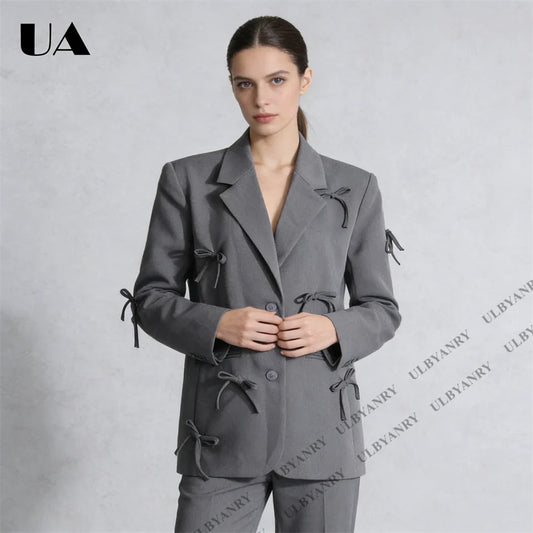 Designer Women's Blazer with Bow Applique Office Casual Suit Jacket Double Button Suit Jacket for Women Actual Photo