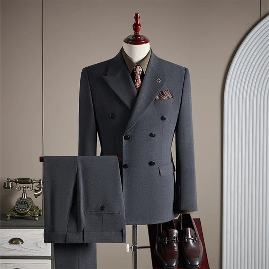 Men's Linen 3-Piece Slim Fit Suit | Peak Lapel | Blue & Beige | XS–6XL