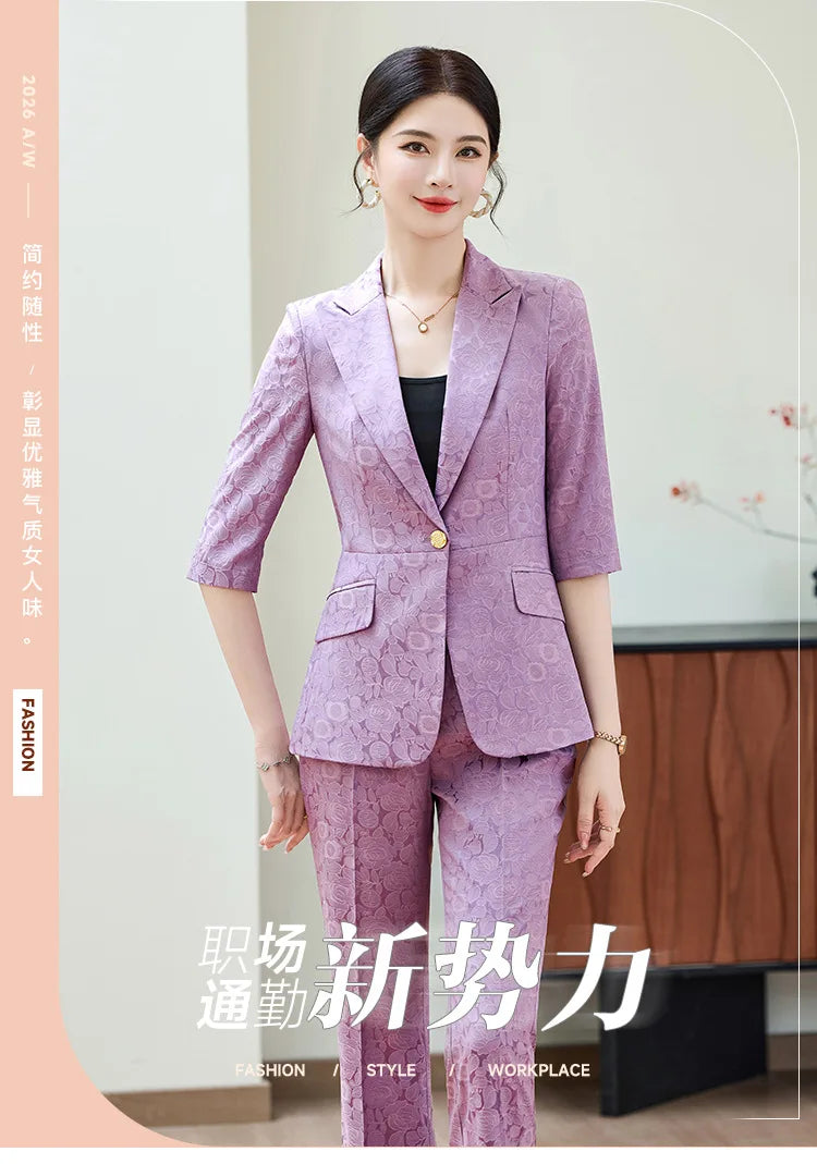 Fashion Purple Half Sleeve Professional Suit Women New Summer Elegant Formal Slim Blazer And Pants Office Ladies Work Wear