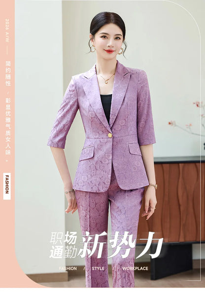 Fashion Purple Half Sleeve Professional Suit Women New Summer Elegant Formal Slim Blazer And Pants Office Ladies Work Wear
